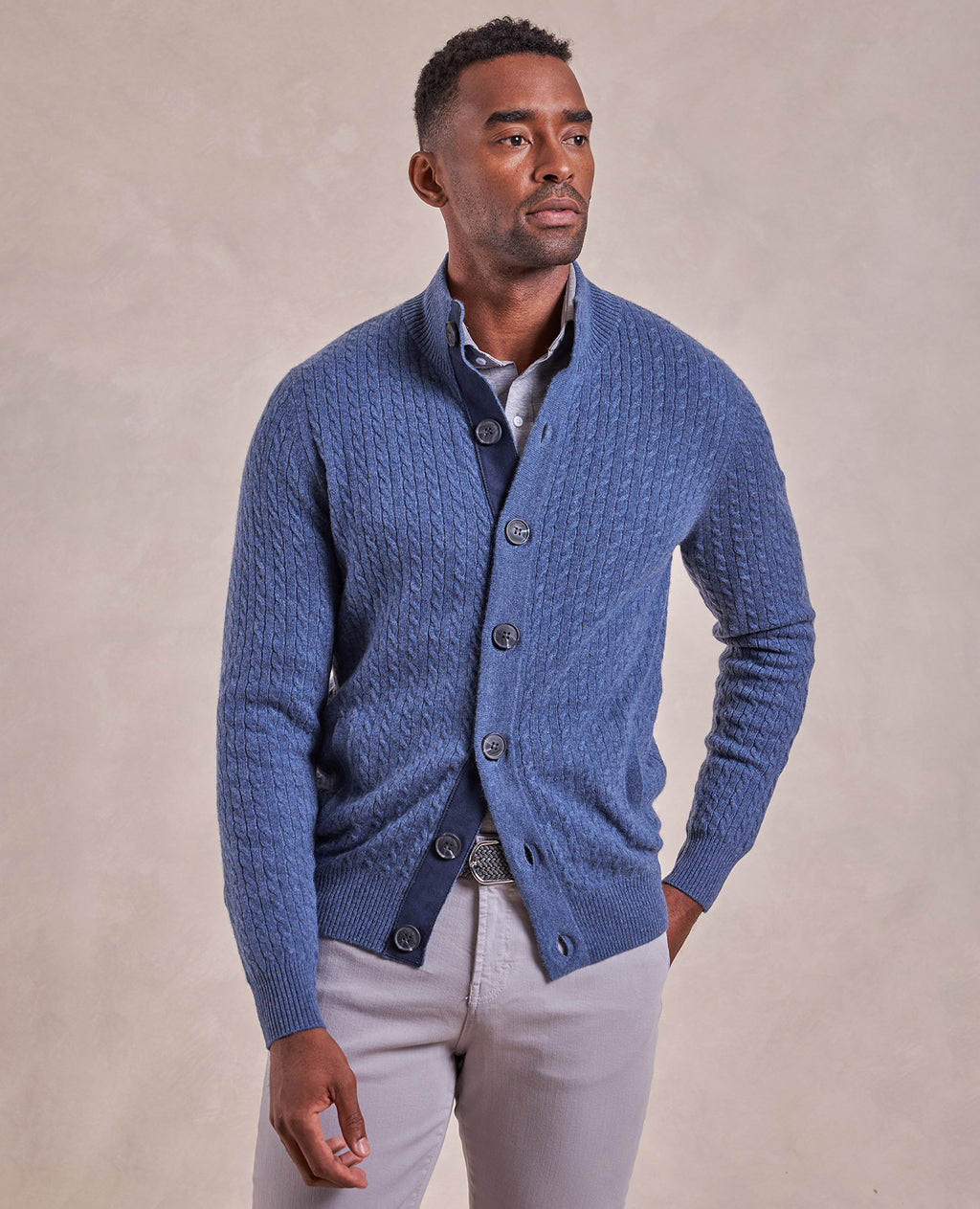 The Emerson - Cashmere Cable Knit Button-Up Sweater - Blue Dust